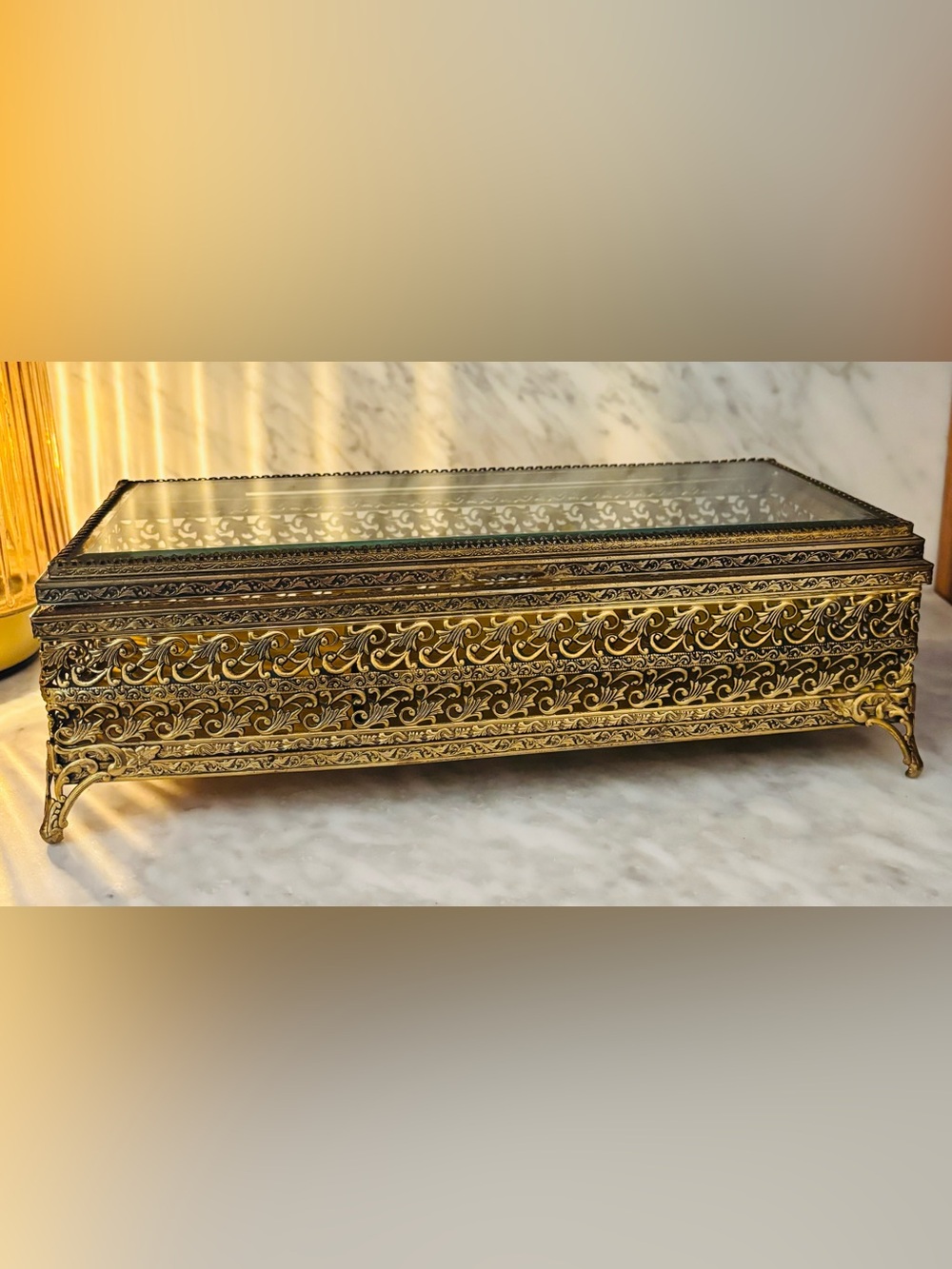 Vintage Hollywood Regency StyleOrnate Gold Decorative Jewelry Box with Glass Lid